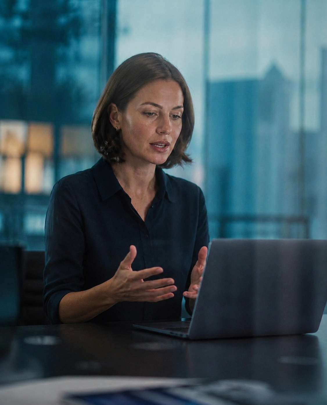 Professional speaking an email reply toward a laptop in an office