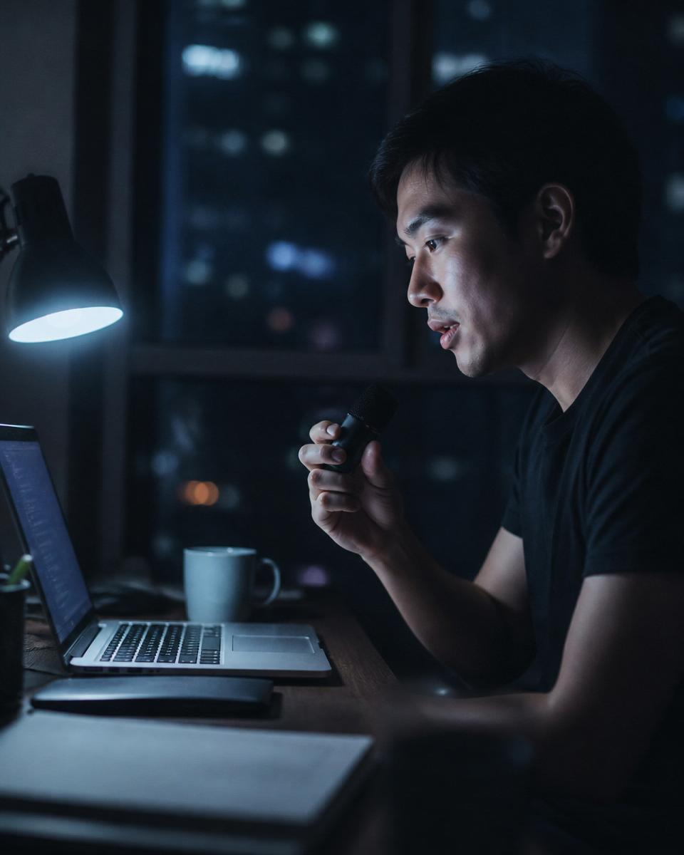 Developer speaking a prompt into a laptop at night