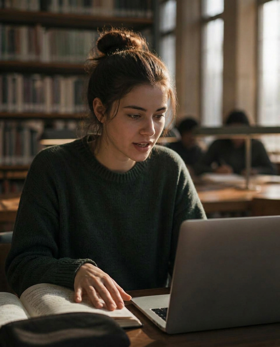 Student speaking notes toward a laptop in a library